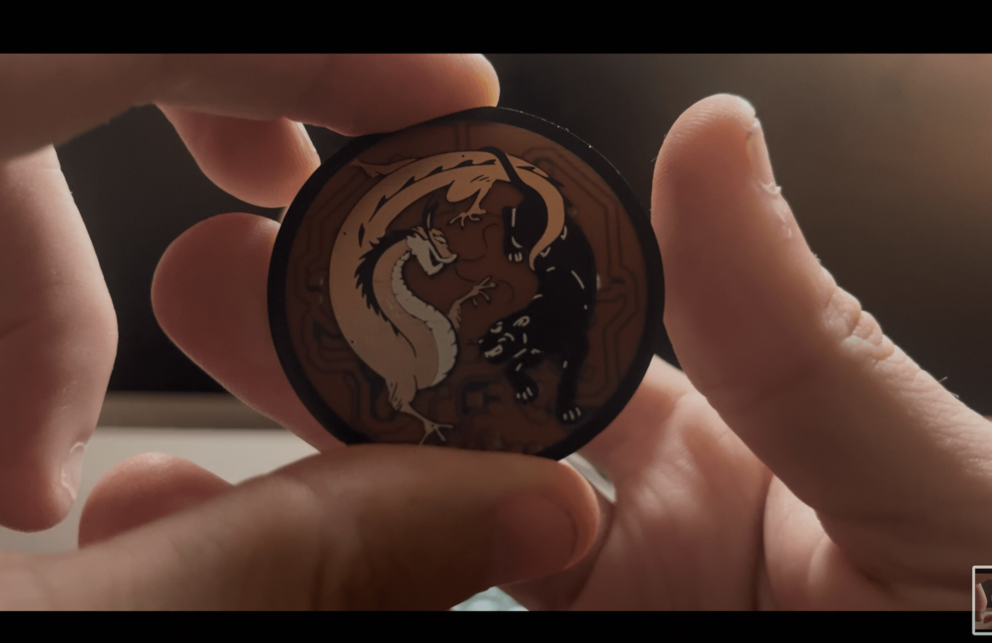 Dragon/Panther badge held in hand, reacting to touch